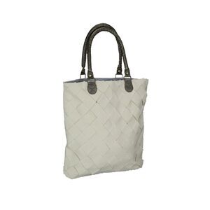Lattice Basket Weave Cotton Tote Bag W/ Leather Handles 16 X 15 Inches